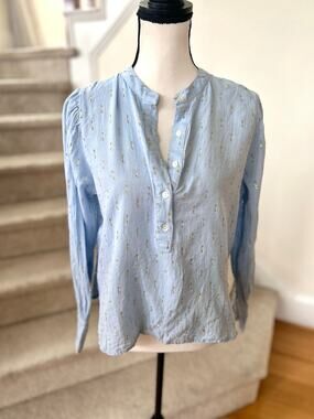 Roller Rabbit Cotton Light Blue Metallic Gold Dot Popover Long Sleeve Blouse
